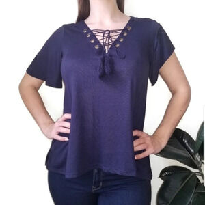 Xhilaration Navy V Neck Embroided Lace Tank Top Medium Boho Lightweight Tie up